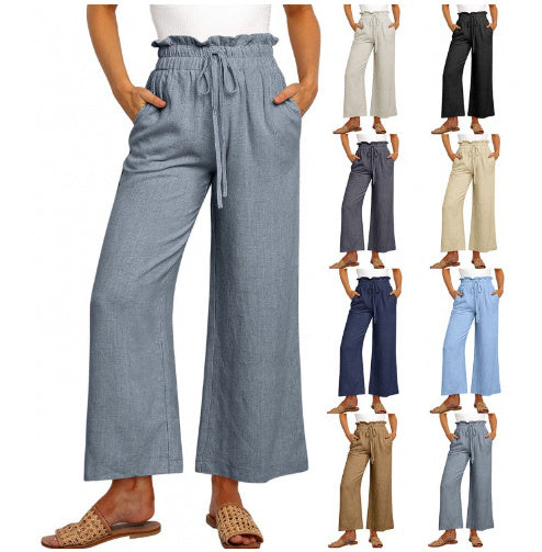 Elastic Waistband Lace-up Wide Leg Pants Solid Color Cropped Pants