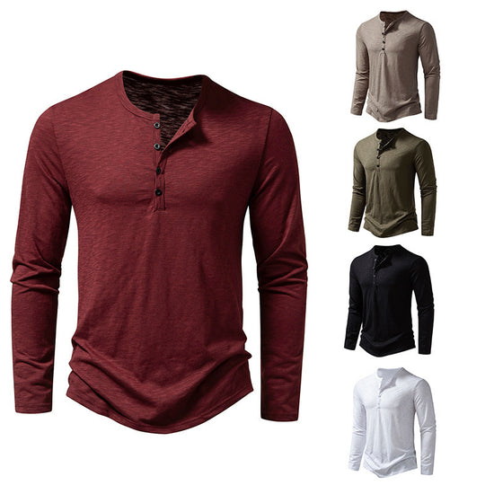 Mens Clothing Long Sleeve T-shirt Fashion Button Henley Collar Tops