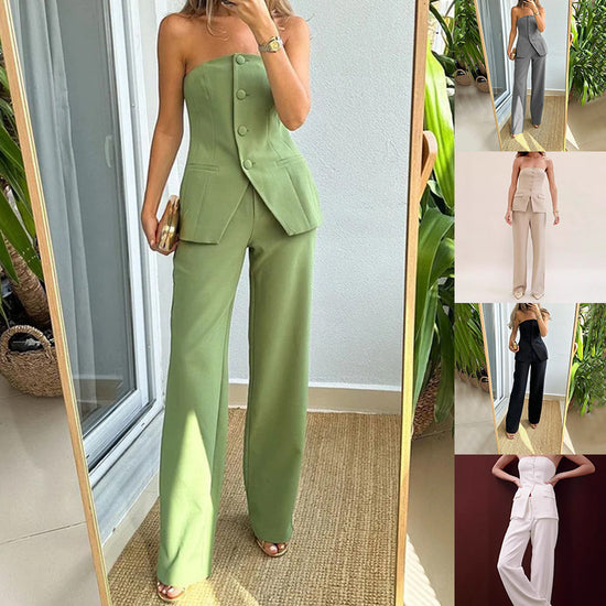 Graceful Tube Top Suit Fashion Button Sleeveless Top And Straight Pants Women&