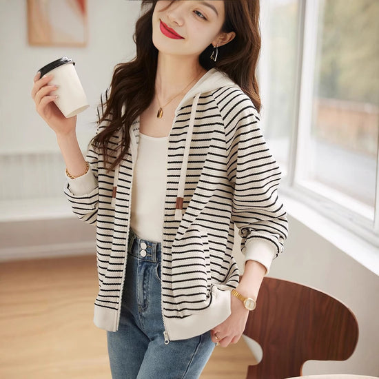 Simple Striped Commuter Hoodie Coat